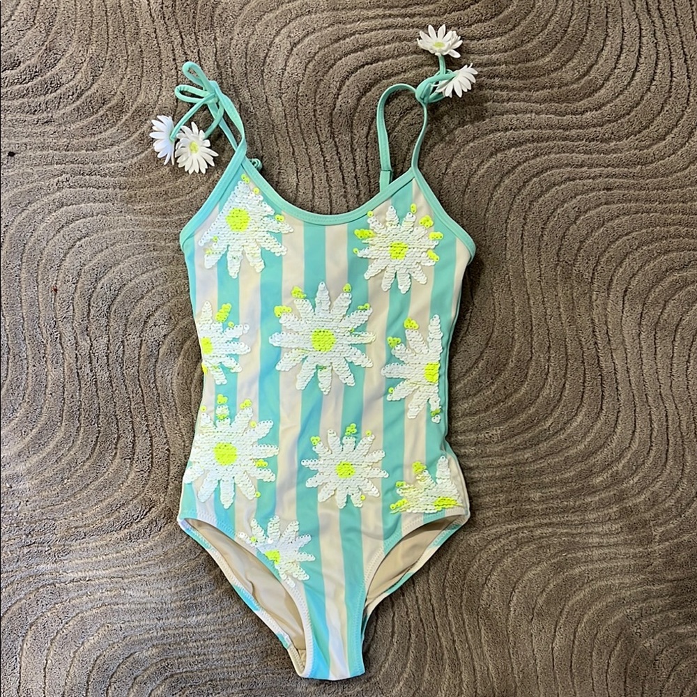 Floral Kids Swim One Piece - Blue and White